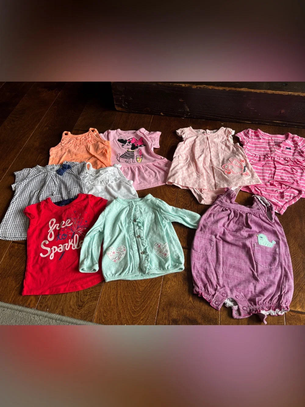 6 tops and 3 rompers with various designs